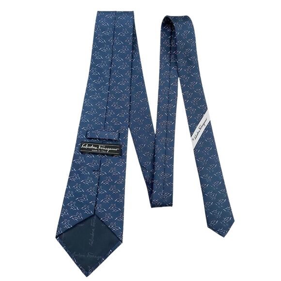 Salvatore Ferragamo Tie Mens Blue Silk Narrow Luxury Designer Made in Italy - Picture 9 of 13
